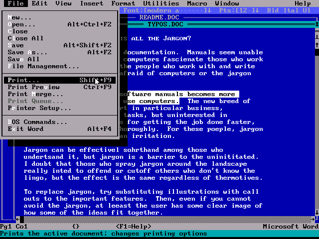 Microsoft Word 5.0 File Menu (1989)